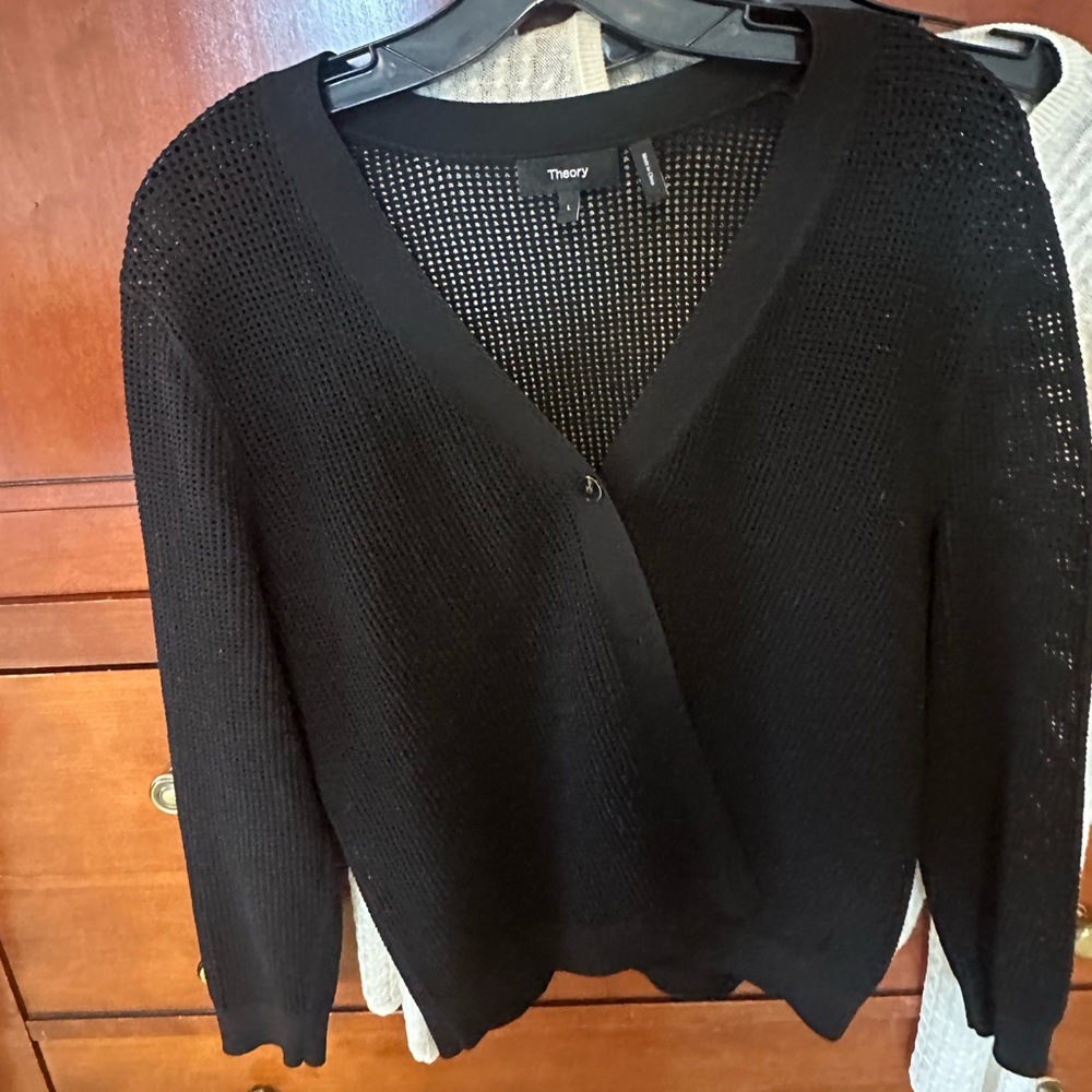 Theory Black Open-Knit V-Neck Cardigan